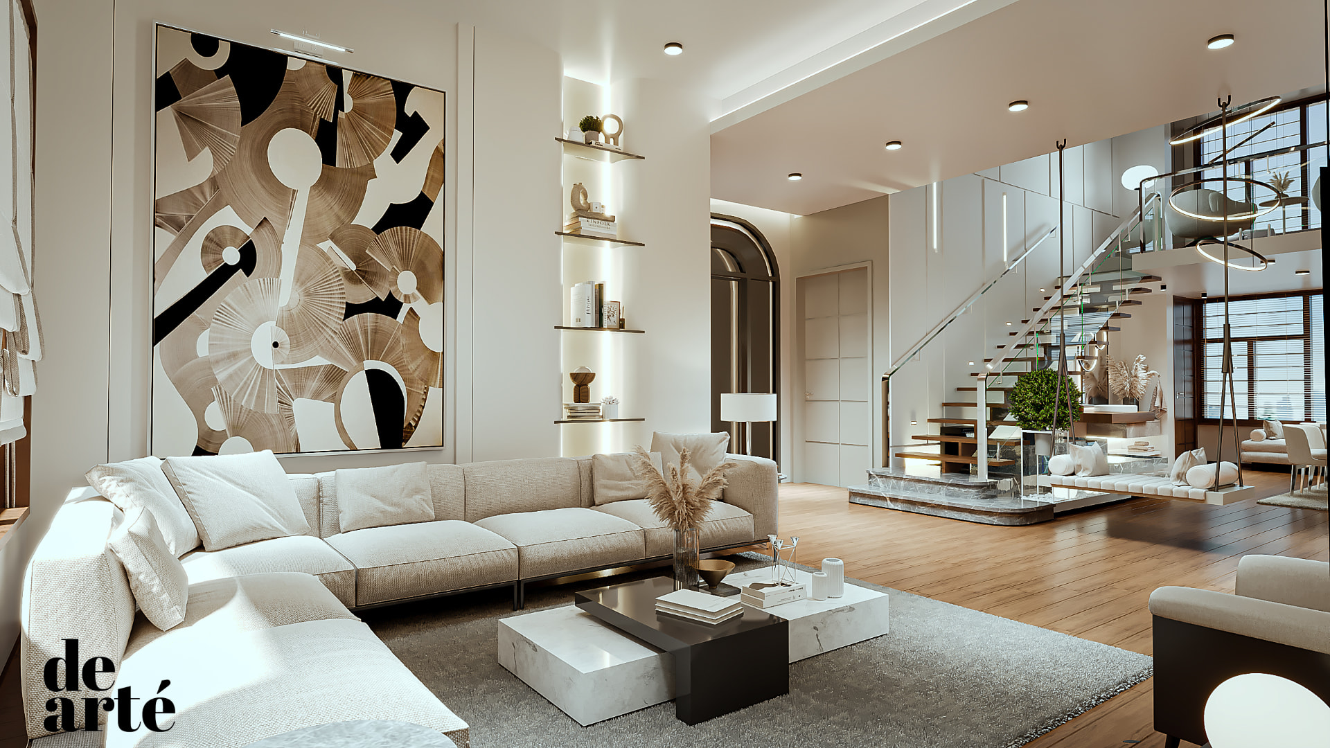 Double-height living room interior completed by de arté in Trivandrum